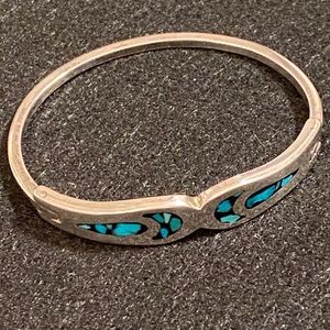 Taxco Mexico Sterling Silver Turquoise Inlay hinged BABY Bangle